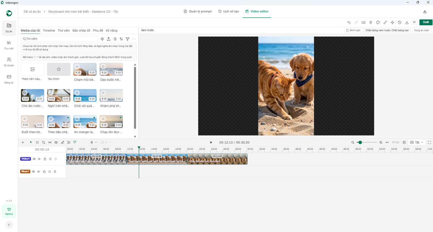 Video editor của VideoNgon với thư viện clip, khung xem trước và timeline